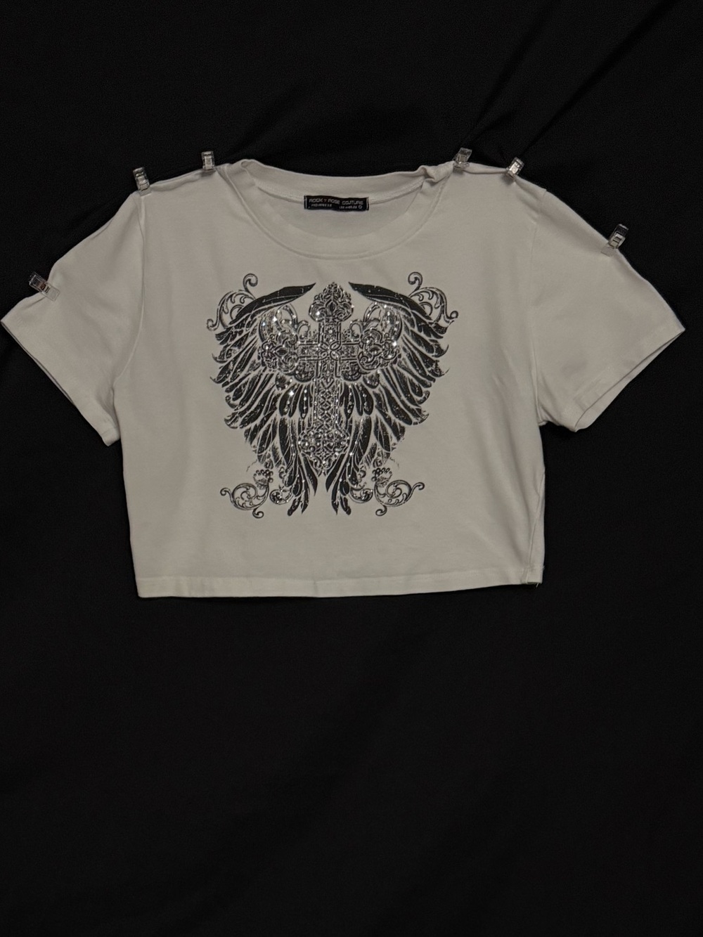 Y2K White Cropped Tee with Black Angel Wing Graphic